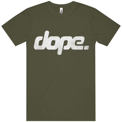 Green t-shirt with 'dope' text on a white background