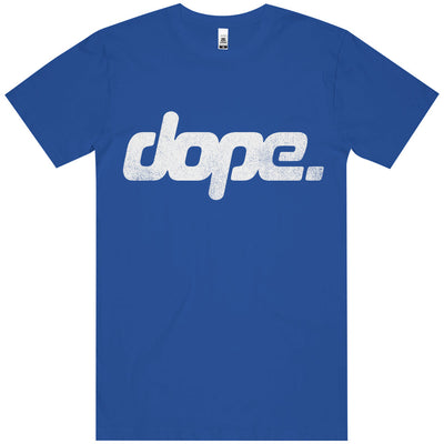 Blue t-shirt with 'dope' text on a white background