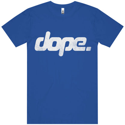Blue t-shirt with 'dope' text on a white background