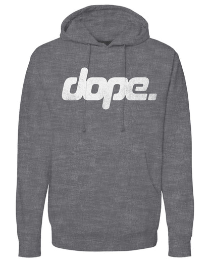 Heather Charcoal Gray hoodie with 'dope.' text on a white background