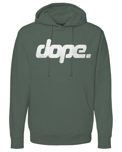 Green hoodie with 'dope.' text on a white background