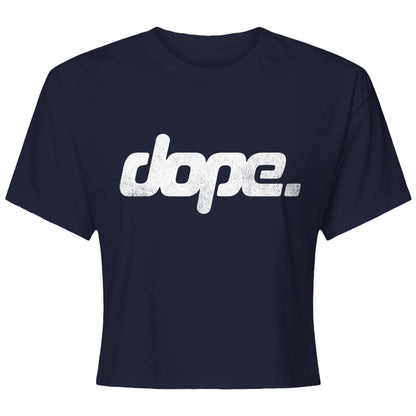 Navy blue t-shirt with 'dope.' text on a white background