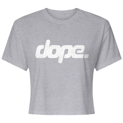 Gray crop top with 'dope' text on a white background