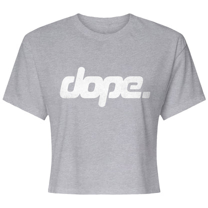 Gray crop top with 'dope' text on a white background