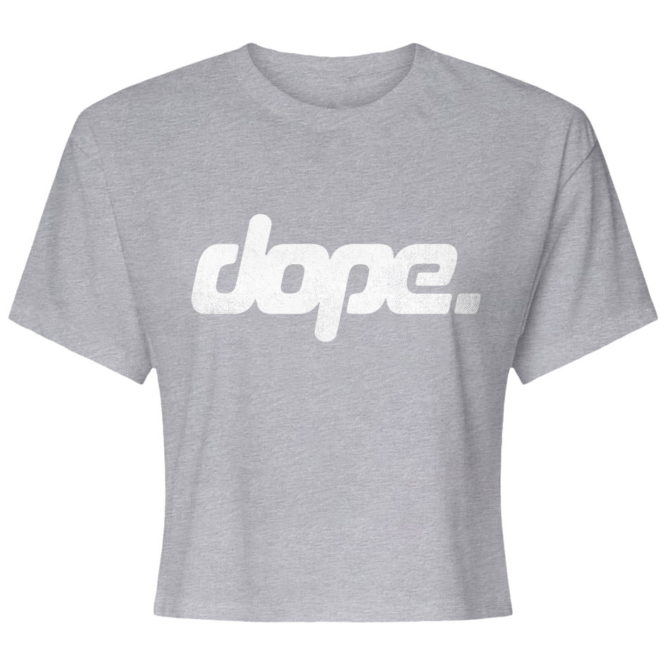 Gray crop top with 'dope' text on a white background