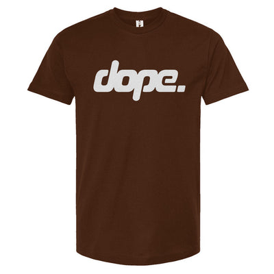 Brown t-shirt with 'dope.' text on a white background