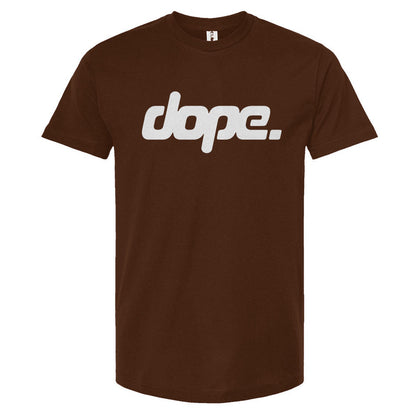 Brown t-shirt with 'dope.' text on a white background