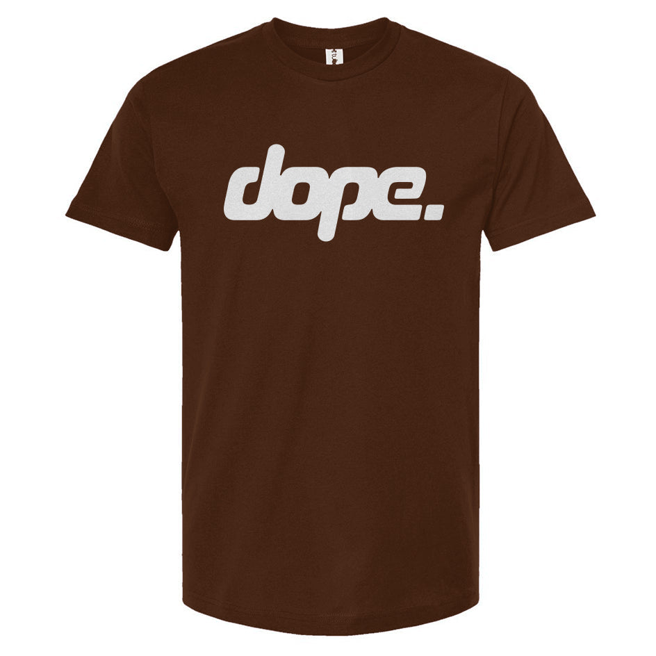 Brown t-shirt with 'dope.' text on a white background