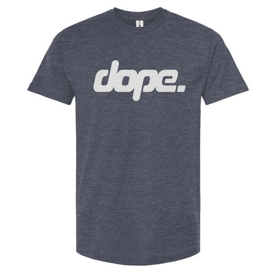 Heather denim blue t-shirt with 'dope.' text on a white background