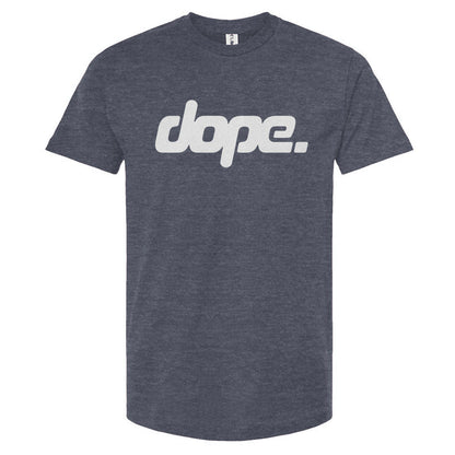 Heather denim blue t-shirt with 'dope.' text on a white background