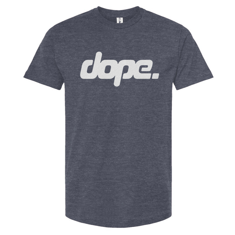 Heather denim blue t-shirt with 'dope.' text on a white background