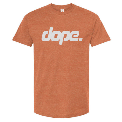 Orange t-shirt with 'dope.' text on a white background