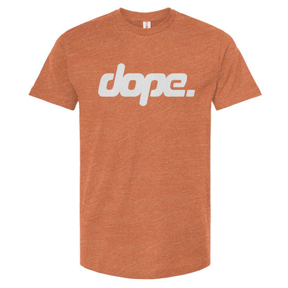 Orange t-shirt with 'dope.' text on a white background