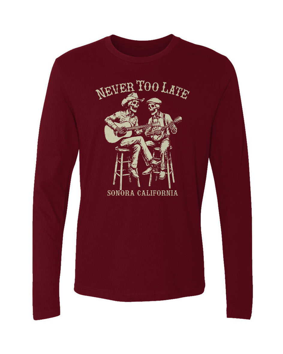 Never Too Late Bluegrass Duo long sleeve t-shirt