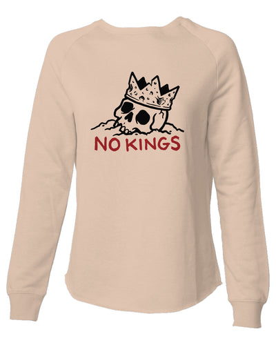 Blush sweatshirt with skull wearing a crown and 'NO KINGS' text on a white background