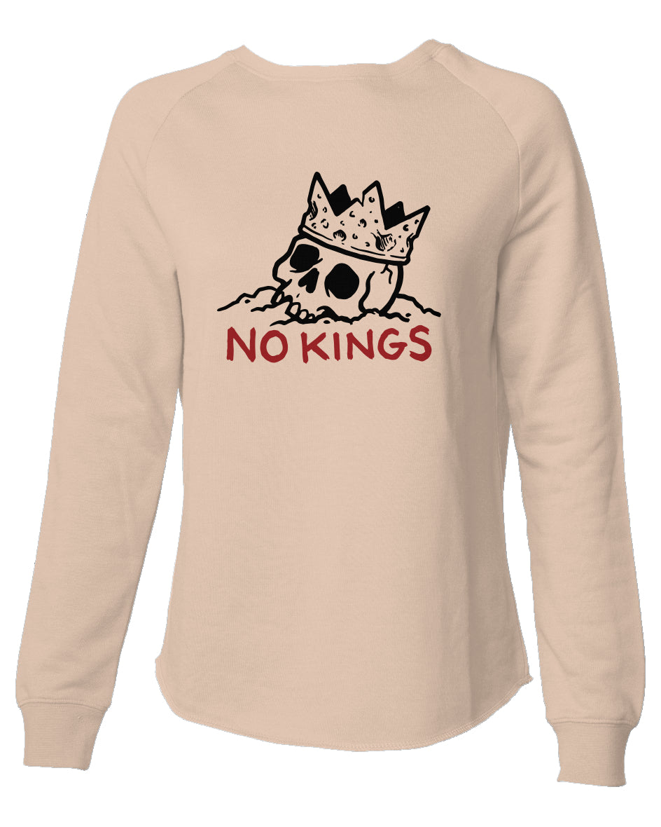 Blush sweatshirt with skull wearing a crown and 'NO KINGS' text on a white background