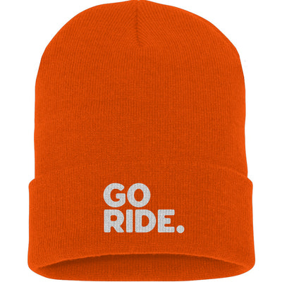 Orange beanie with 'GO RIDE.' text on a white background