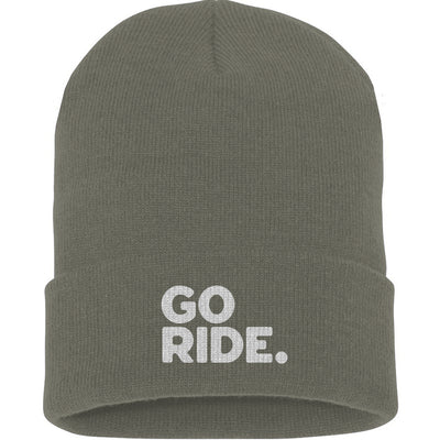 Green beanie with 'GO RIDE.' text on a white background