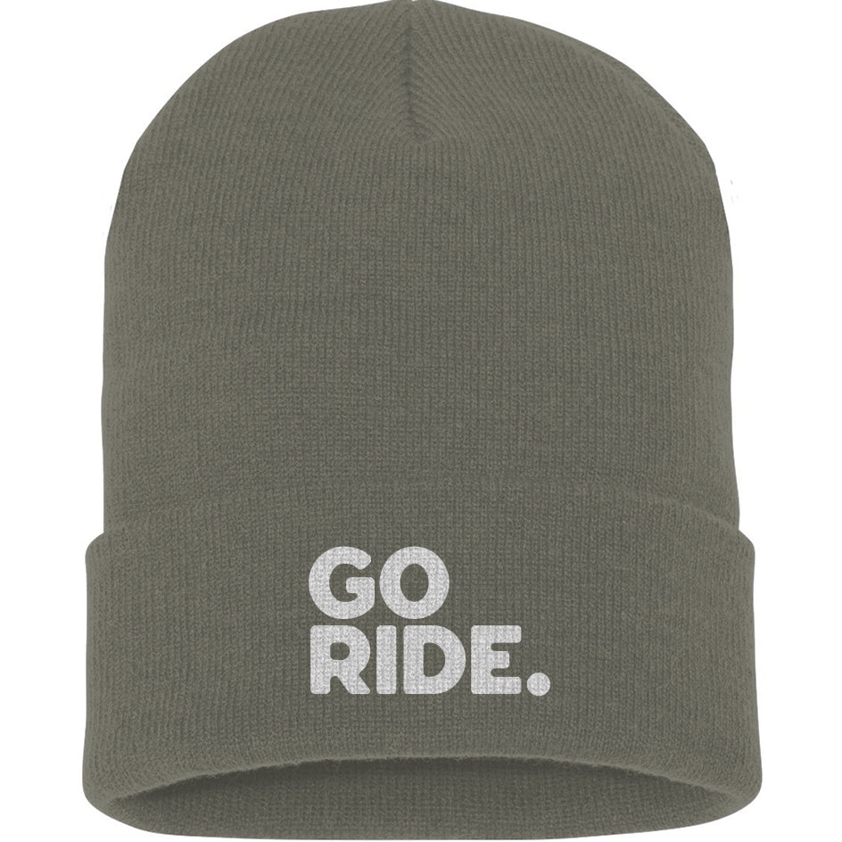Green beanie with 'GO RIDE.' text on a white background