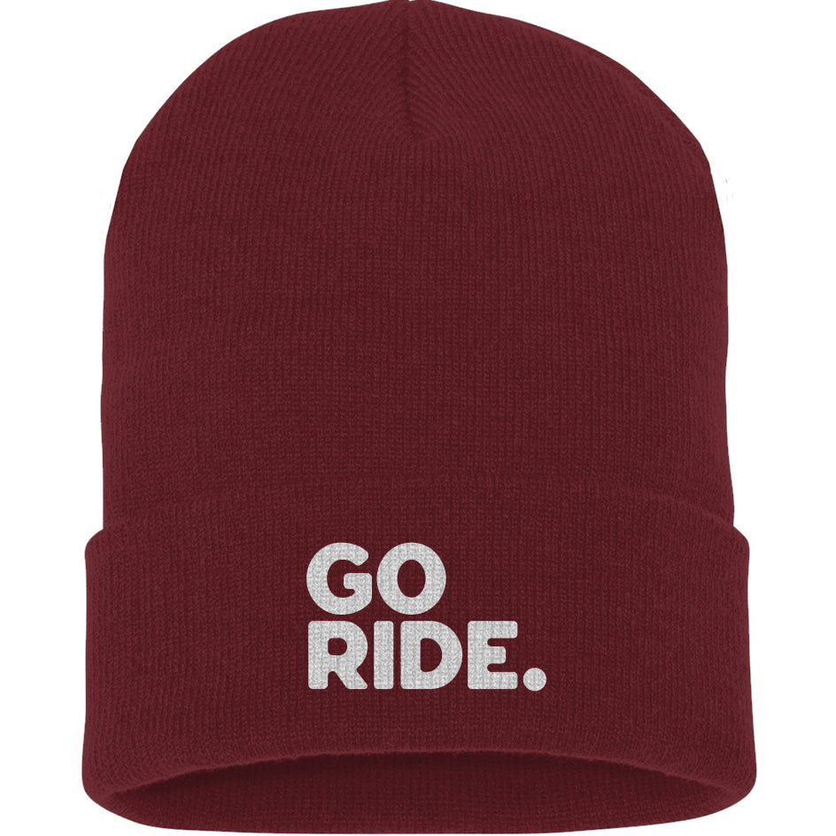 Maroon beanie with 'GO RIDE.' text on a white background