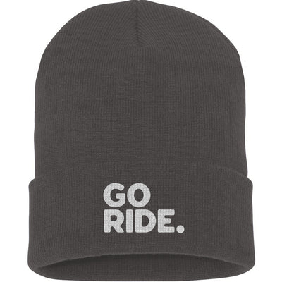 Charcoal gray beanie with 'GO RIDE.' text on a white background