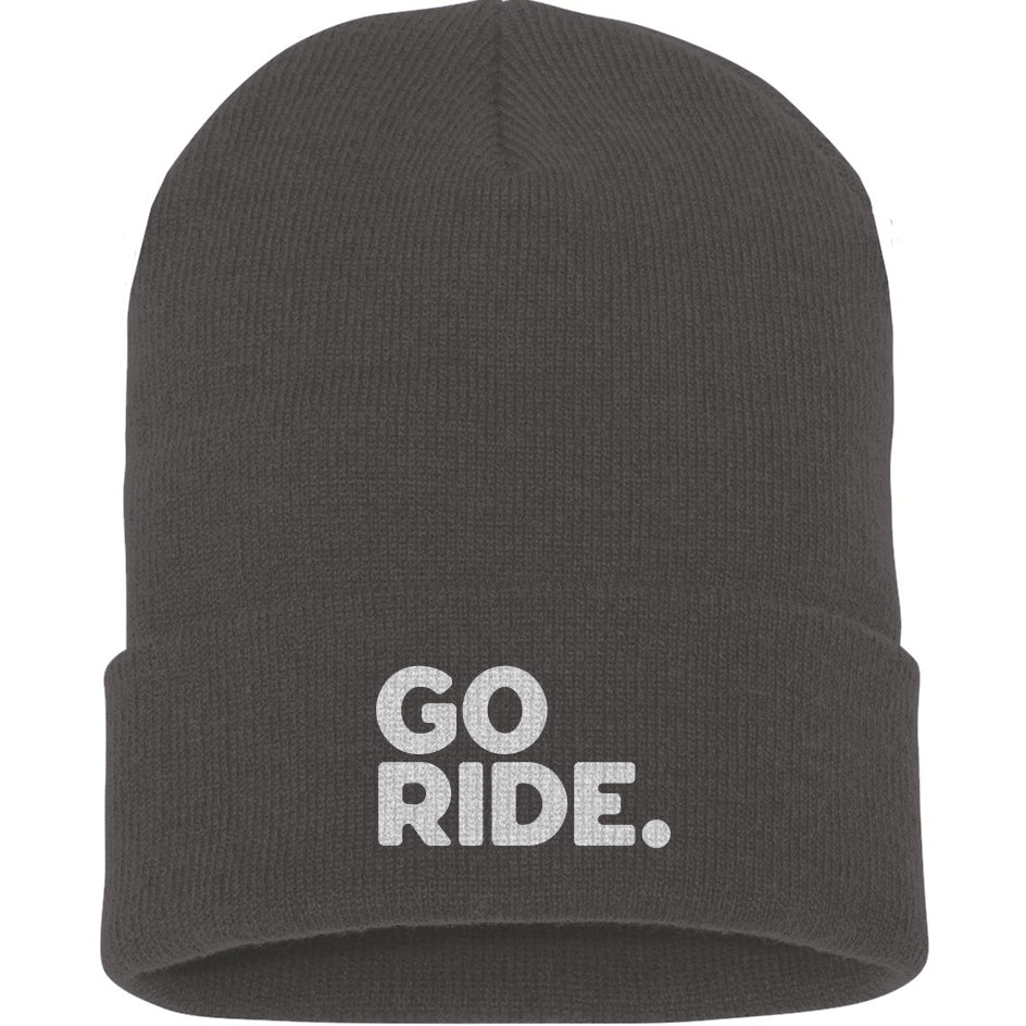 Charcoal gray beanie with 'GO RIDE.' text on a white background