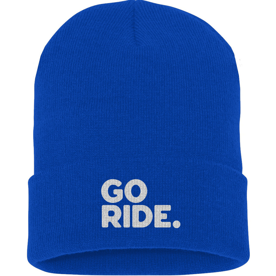 Blue beanie with 'GO RIDE.' text on a white background