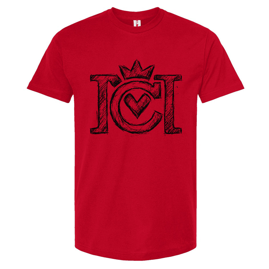 red t-shirt with black sketched Crown Moto logo on a white background