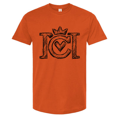 Orange t-shirt with black sketched Crown Moto logo on a white background