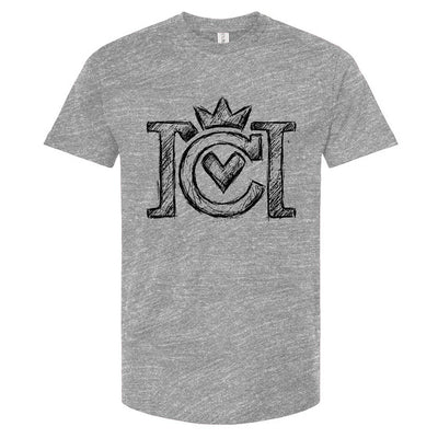 Grey t-shirt with black sketched Crown Moto logo on a white background