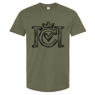 Green t-shirt with black sketched Crown Moto logo on a white background