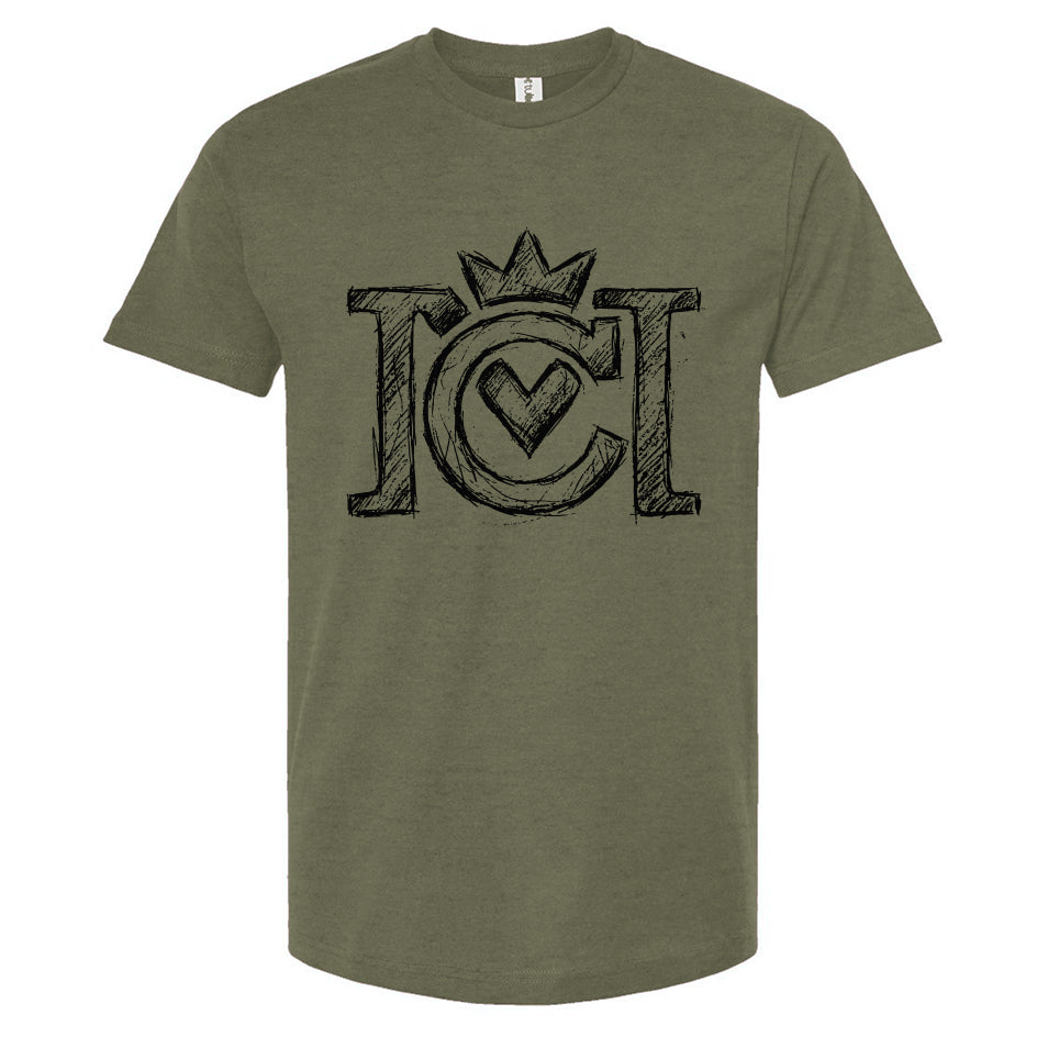 Green t-shirt with black sketched Crown Moto logo on a white background