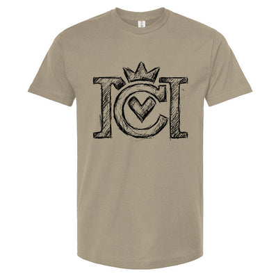 Sand colored t-shirt with black sketched Crown Moto logo on a white background
