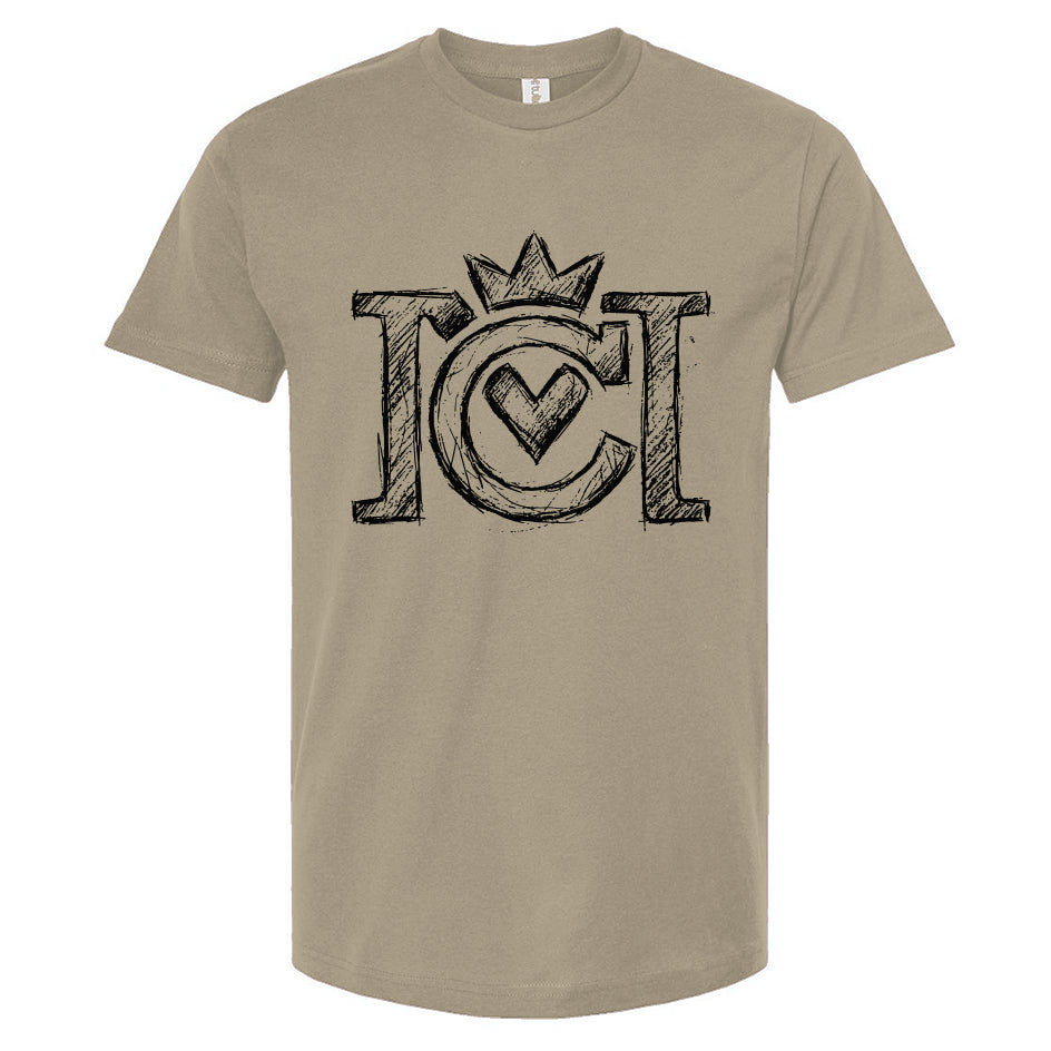 Sand colored t-shirt with black sketched Crown Moto logo on a white background