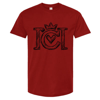 Cardinal red t-shirt with black sketched Crown Moto logo on a white background