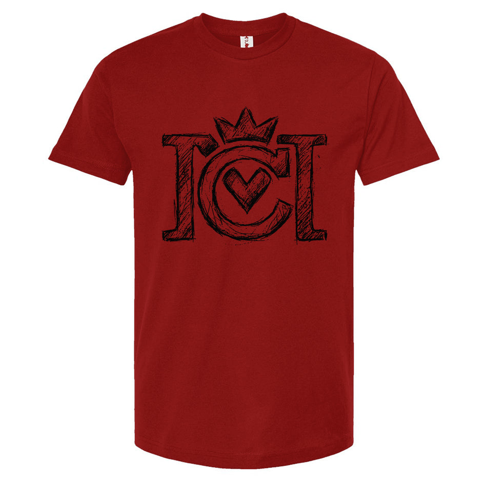 Cardinal red t-shirt with black sketched Crown Moto logo on a white background