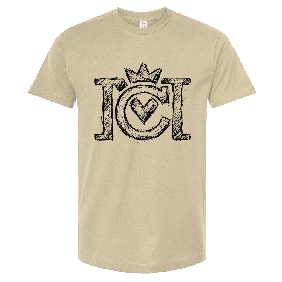 Natural colored t-shirt with black sketched Crown Moto logo on a white background