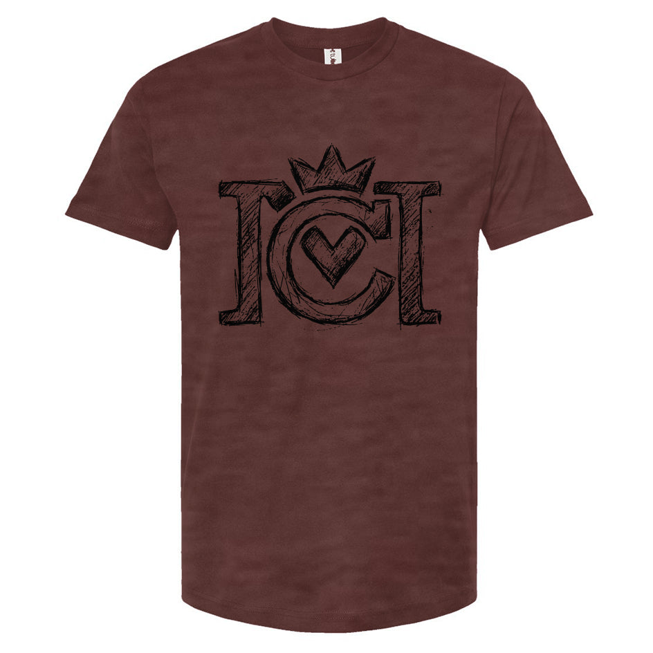 Heather burgundy t-shirt with black sketched Crown Moto logo on a white background