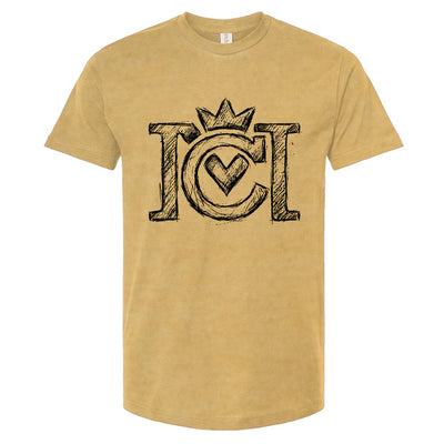 Mellow Yellow t-shirt with black sketched Crown Moto logo on a white background