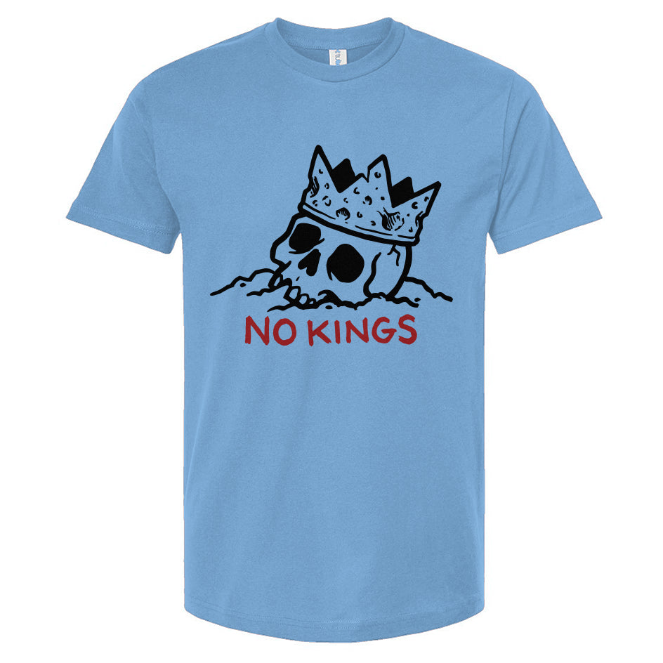 Light blue t-shirt with a skull wearing a crown and 'No Kings' text on a white background