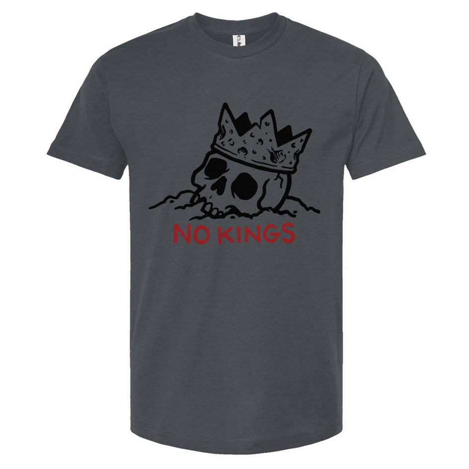 Gray t-shirt with a skull wearing a crown and 'No Kings' text on a white background