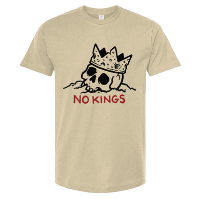 Beige t-shirt with a graphic of a skull wearing a crown and 'No Kings' text on a white background