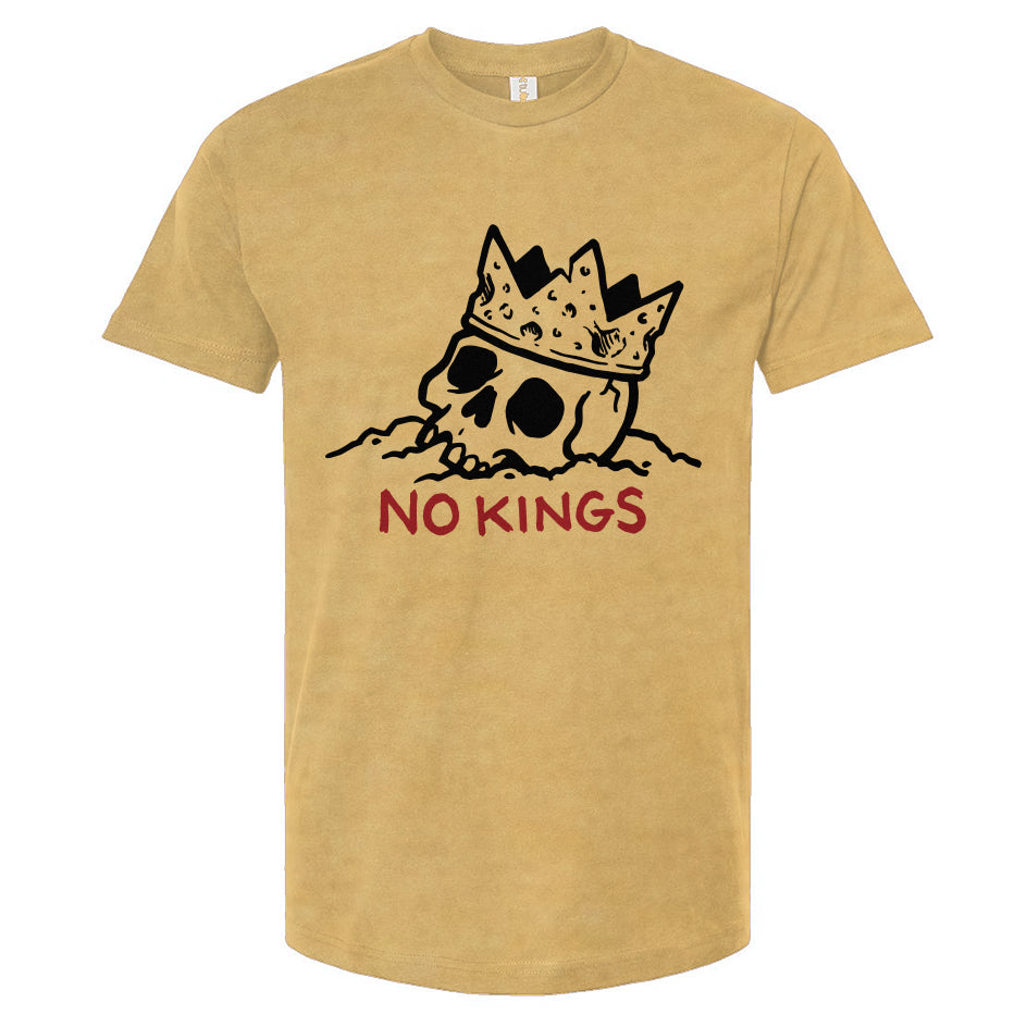 Beige t-shirt with a graphic design of a skull wearing a crown and 'No Kings' text on a white background.
