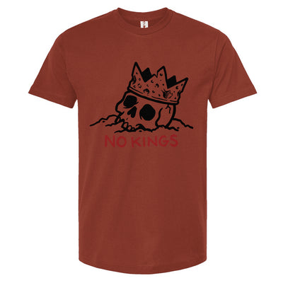 Red t-shirt with a black graphic and 'NO KINGS' text on a white background