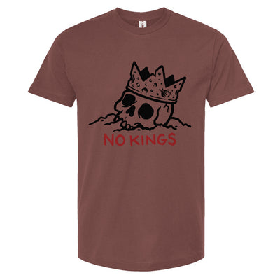 Brown t-shirt with a graphic design of a skull wearing a crown and 'NO KINGS' text on a white background.