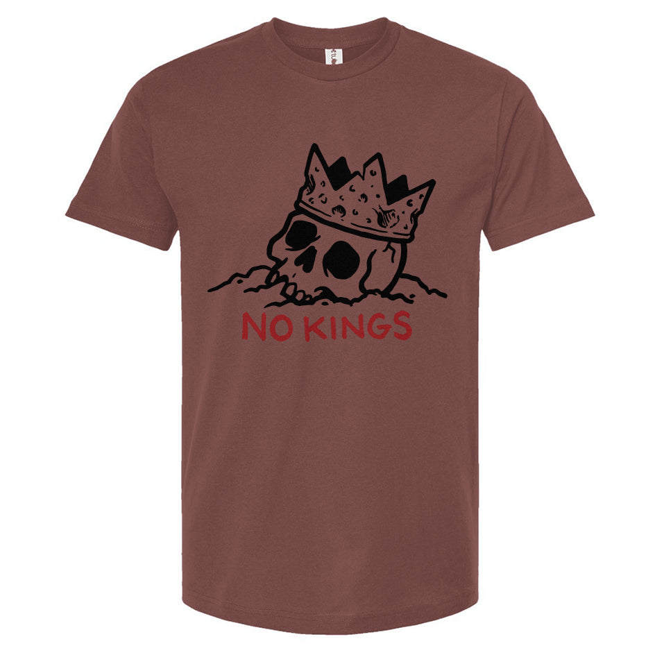 Brown t-shirt with a graphic design of a skull wearing a crown and 'NO KINGS' text on a white background.