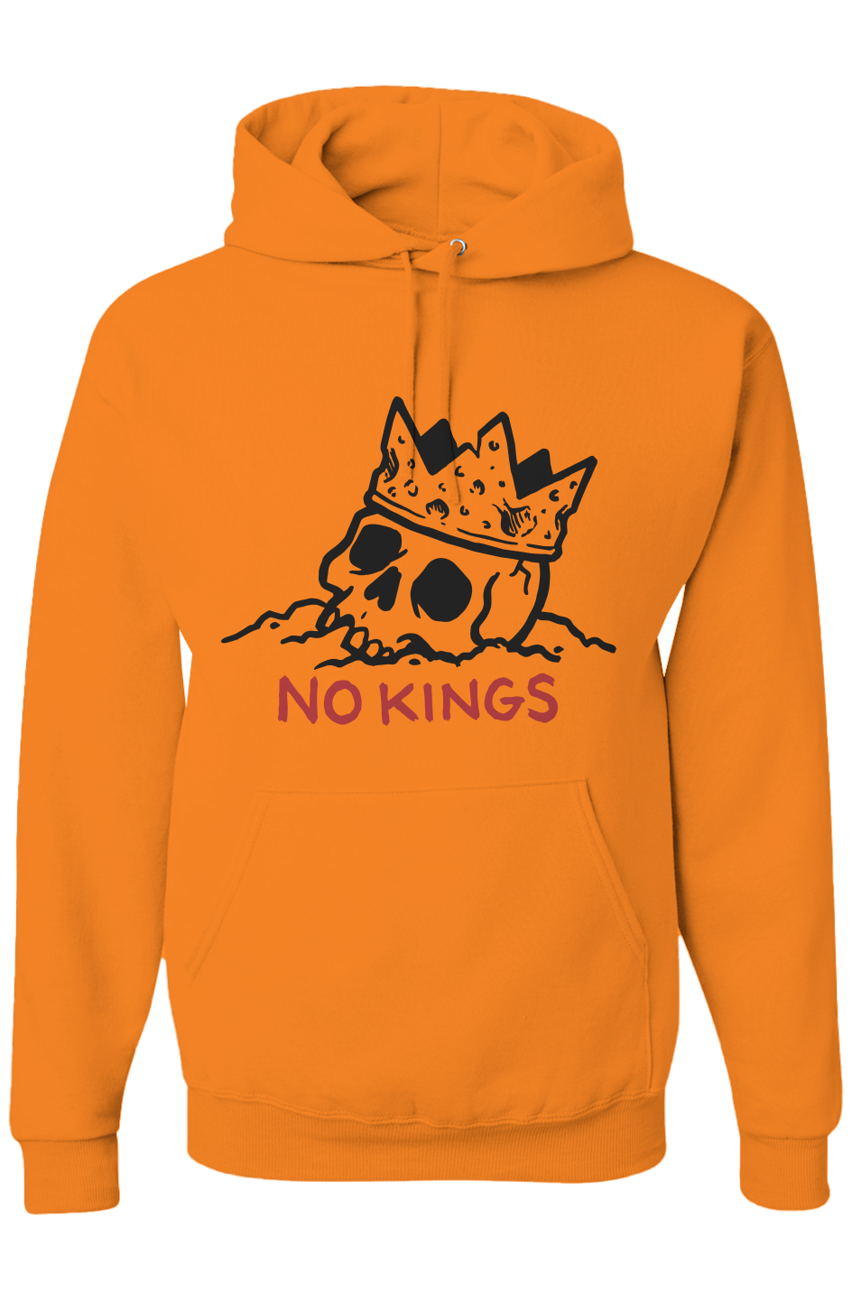 Orange hoodie with skull wearing a crown and 'NO KINGS' text on a white background