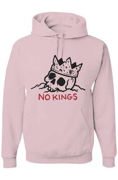 Pink hoodie with skull and crown graphic and 'No Kings' text on a white background