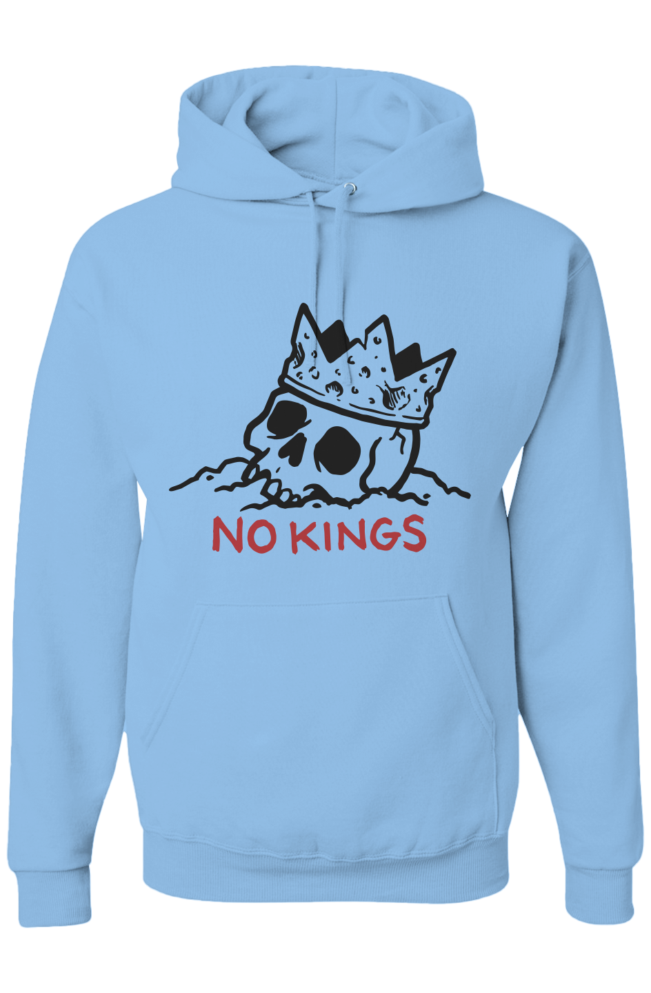 Light blue hoodie with a skull wearing a crown and 'NO KINGS' text on a white background