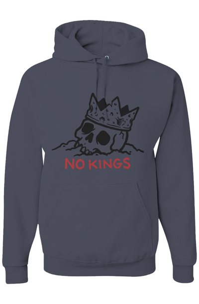 Navy blue hoodie with skull wearing a crown and 'NO KINGS' text on a white background